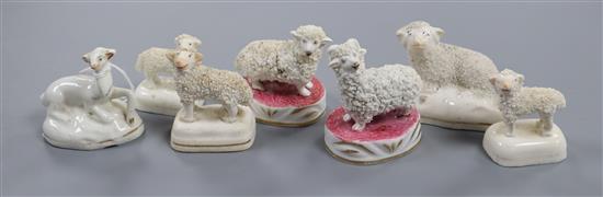 Six Staffordshire porcelain figures of a sheep and a similar white hind, c.1840-50, H. 5.3cm-7cm (7)